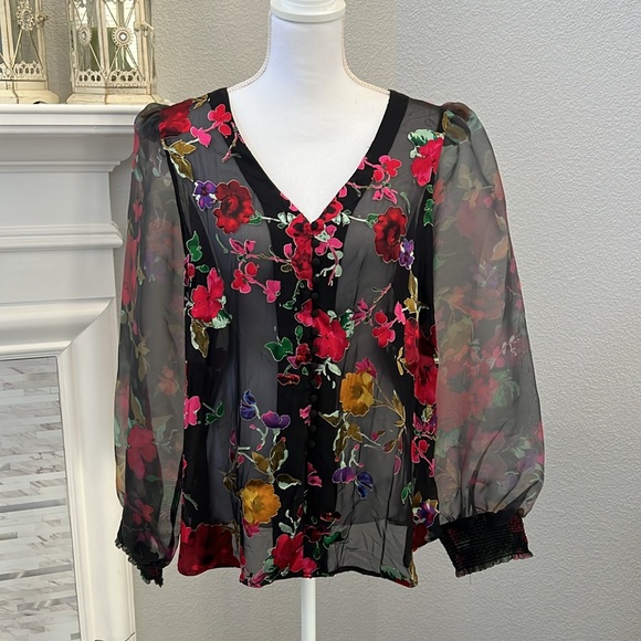 Boston Proper Floral Print Organza Button Up Long Sleeve Shirt - Picture 6 of 13